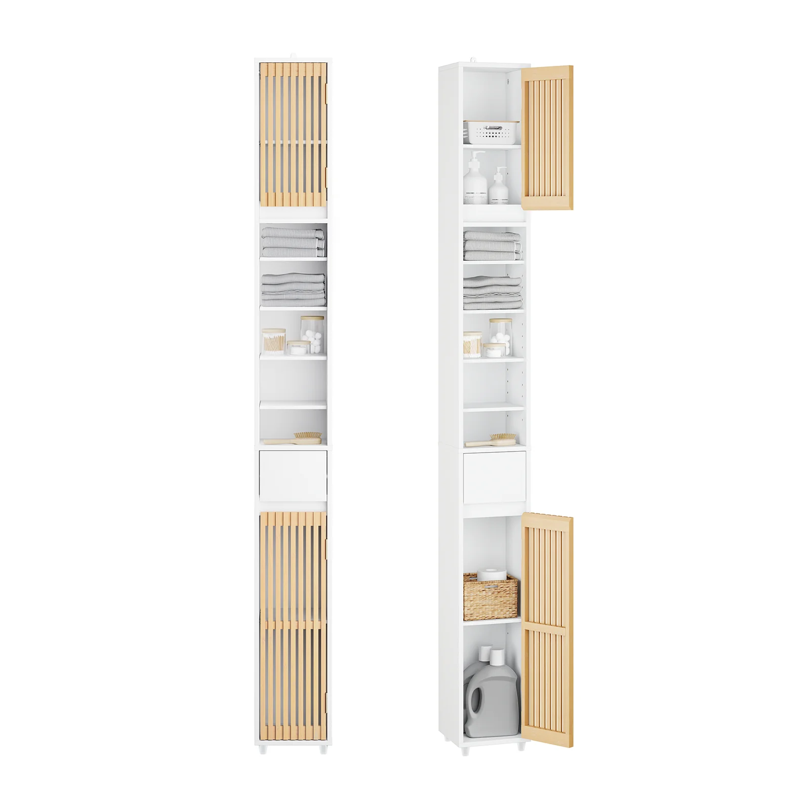 Badeværelsesskab med hylder, skuffe og trælåger – hvid 180x20x20 – Reoler og hylder – Daily-Living