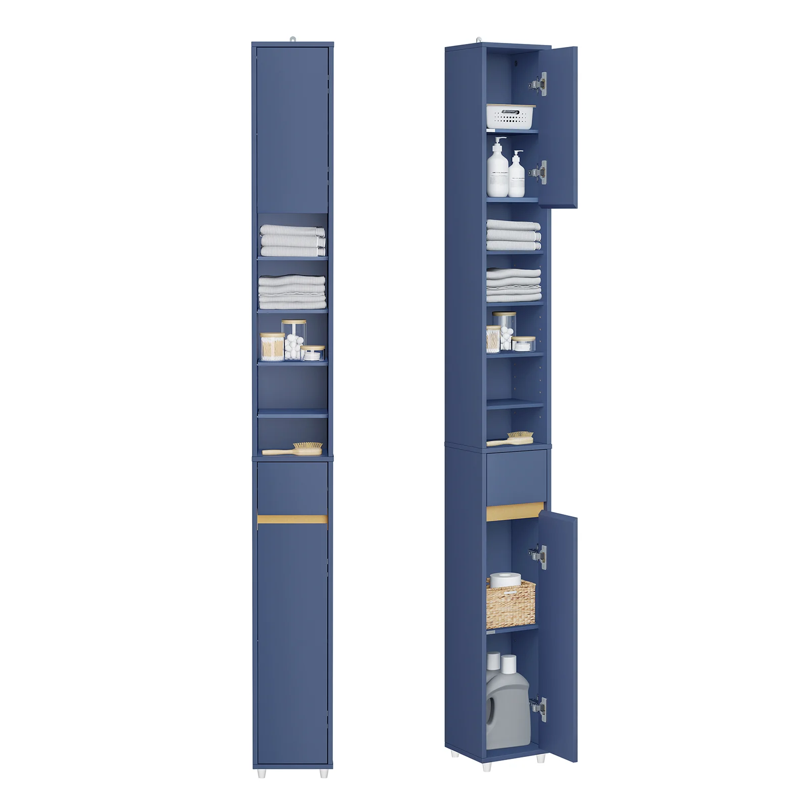 Badeværelsesskab med hylder, skabe og skuffe – blå 180x20x20 – Reoler og hylder – Daily-Living