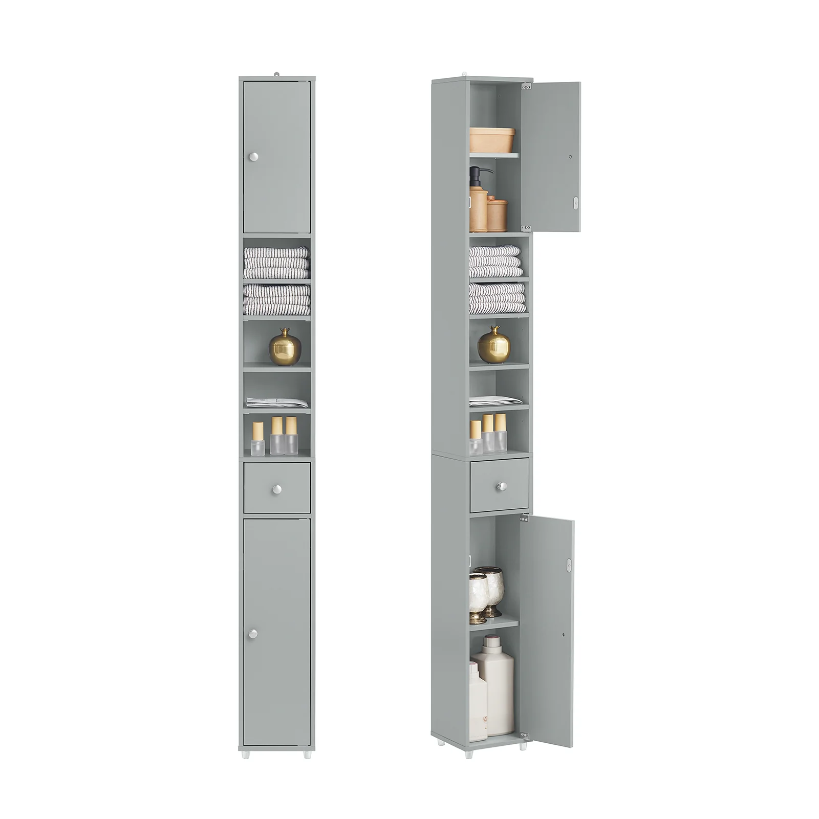 Badeværelsesskab med hylder, skabe og skuffe – grå 180x20x20 – Reoler og hylder – Daily-Living