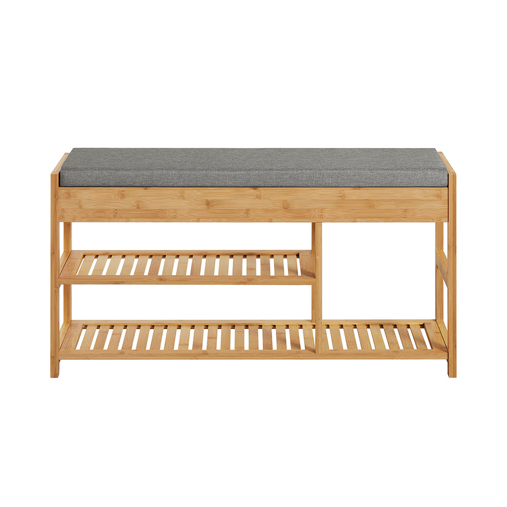 Skobænk i bambus – entrebænk og siddebænk med grå hynde 90x30x45 – Entremøbler og garderobe > Bænke – entremøbler – Daily-Living