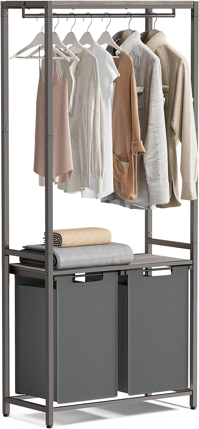 Billede af Tøjstativ med 2 vasketøjskurve, tøjstang - grå hylder - Entremøbler og garderobe > Tøjstativer og garderobestativer - Daily-Living