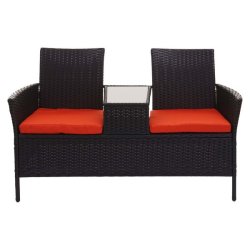 Havebnk til 2 personer med bord - sort polyrattan med orange hynder - 132 cm