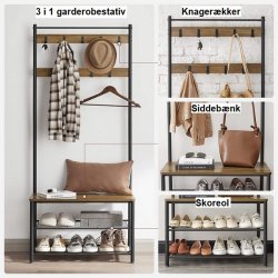 Garderobestativ med knagerkker og 2 skohylder - valnd brun