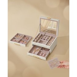 Smykkeskrin med spejl - 3 lags smykkeskrin med skuffer - hvid