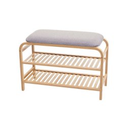 B�nk med hynde og 2 skohylder - bambus siddeb�nk med skohylder