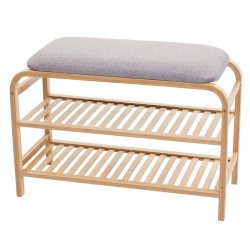 B�nk med hynde og 2 skohylder - bambus siddeb�nk med skohylder