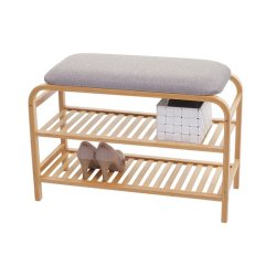 B�nk med hynde og 2 skohylder - bambus siddeb�nk med skohylder