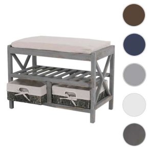 B�nk med hynde, skohylde og 2 kurve - siddeb�nk - antik gr� entrem�bel