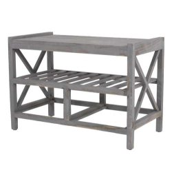 B�nk med hynde, skohylde og 2 kurve - siddeb�nk - antik gr� entrem�bel