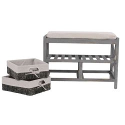B�nk med hynde, skohylde og 2 kurve - siddeb�nk - antik gr� entrem�bel