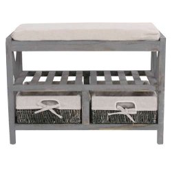 B�nk med hynde, skohylde og 2 kurve - siddeb�nk - antik gr� entrem�bel