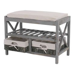 B�nk med hynde, skohylde og 2 kurve - siddeb�nk - antik gr� entrem�bel