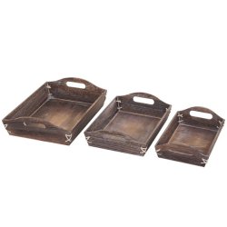 Bakker i tr - st med 3 serveringsbakker - brune trbakker - antik rustik