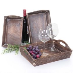 Bakker i tr - st med 3 serveringsbakker - brune trbakker - antik rustik