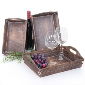 Bakker i tr - st med 3 serveringsbakker - brune trbakker - antik rustik