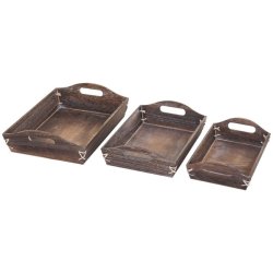 Bakker i tr - st med 3 serveringsbakker - brune trbakker - antik rustik