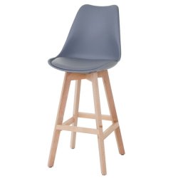 Barstole - 2 stk gr barstole med kunstlder, 4 lyse trben og rygln