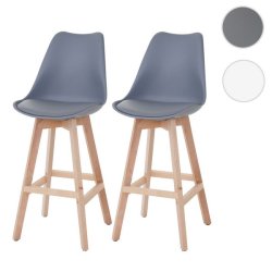 Barstole - 2 stk gr barstole med kunstlder, 4 lyse trben og rygln