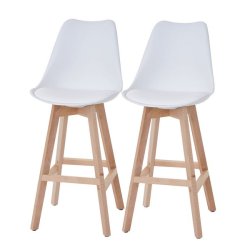 Barstole - 2 stk hvide barstole med kunstlder, 4 lyse trben og rygln