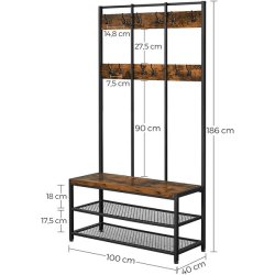 Garderobestativ med knagerkker og 2 skohylder - rustik brun