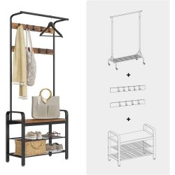 Garderobestativ med knagerkker og bjlestang - rustik brun