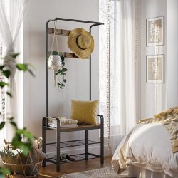 Garderobestativ med knagerkker og bjlestang - rustik brun