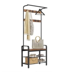 Garderobestativ med knagerkker og bjlestang - rustik brun