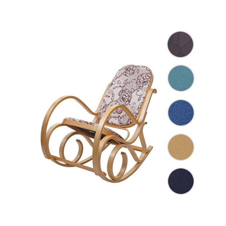 Gyngestol lavet af birketr� med brun Jacquard stof p� stofs�de