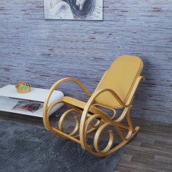 Gyngestol lavet af birketr� med gult stof p� stofs�de - rokkestol