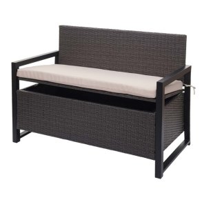Havebnk med hyndeboks - gr polyrattan med beige hynde - 2 personer