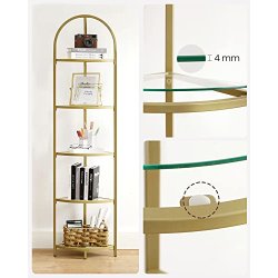 Hjrnereol med 5 hylder - gulvreol med hrdet glas og gyldent stel