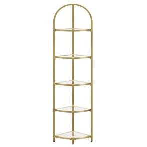 Hjrnereol med 5 hylder - gulvreol med hrdet glas og gyldent stel