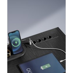 Hj�rneskrivebord med str�mstik og sk�rmstativ - sort 120x150