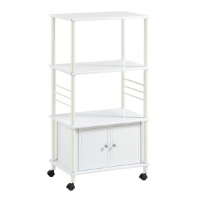 K�kkenvogn p� hjul, rullevogn med skab og hylder, hvid