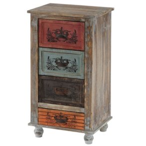 Kommode - farverig sengebord med 4 skuffer i antik vintage look