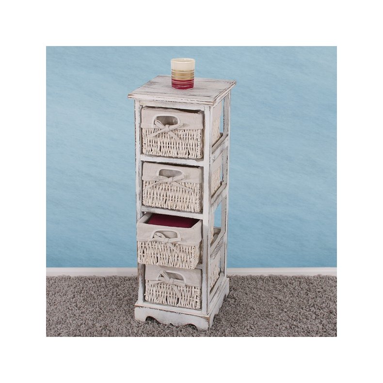Kommode med 4 kurveskuffer i hvid antik vintage look 74 x 25 x 28 cm