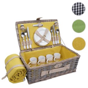 Picnickurv til 4 personer - picnics�t i flet med gr�t/gult picnict�ppe