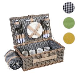 Picnickurv til 4 personer - picnics�t i flet med sort/hvidt picnict�ppe