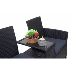 Havebnk til 2 personer med bord - sort polyrattan med mrkegr hynder - 132 cm