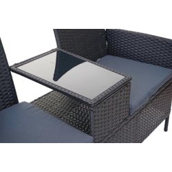 Havebnk til 2 personer med bord - sort polyrattan med mrkegr hynder - 132 cm