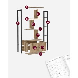 Reol - bogreol i industriel stil - brun eg 154,5 x 74 x 30