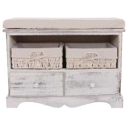 B�nk med skuffer og kurve - siddeb�nk med opbevaring - antik hvid entrem�bel