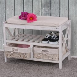 Siddeb�nk med hynde, skohylde og 2 kurve - b�nk - antik hvid entrem�bel
