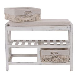 Siddeb�nk med hynde, skohylde og 2 kurve - b�nk - antik hvid entrem�bel