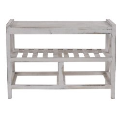 Siddeb�nk med hynde, skohylde og 2 kurve - b�nk - antik hvid entrem�bel