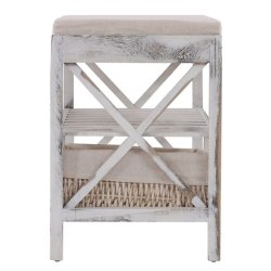 Siddeb�nk med hynde, skohylde og 2 kurve - b�nk - antik hvid entrem�bel