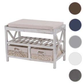 Siddeb�nk med hynde, skohylde og 2 kurve - b�nk - antik hvid entrem�bel
