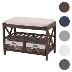 B�nk med hynde, skohylde og 2 kurve - siddeb�nk - antik brun entrem�bel