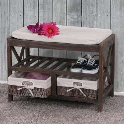 B�nk med hynde, skohylde og 2 kurve - siddeb�nk - antik brun entrem�bel