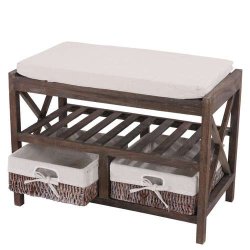 B�nk med hynde, skohylde og 2 kurve - siddeb�nk - antik brun entrem�bel